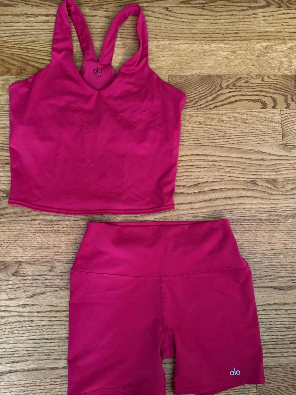 ALO Yoga Hot Pink Cropped Tank and High-Waist Bike Shorts Set - Picture 1 of 1